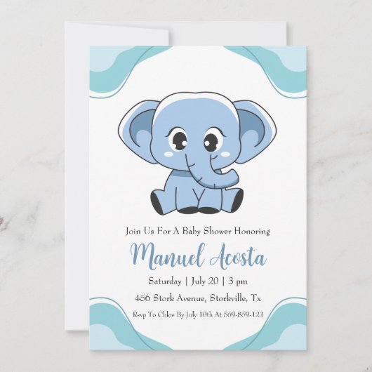 invitation à la douche bébé d'éléphant bleu modern (Devant)
