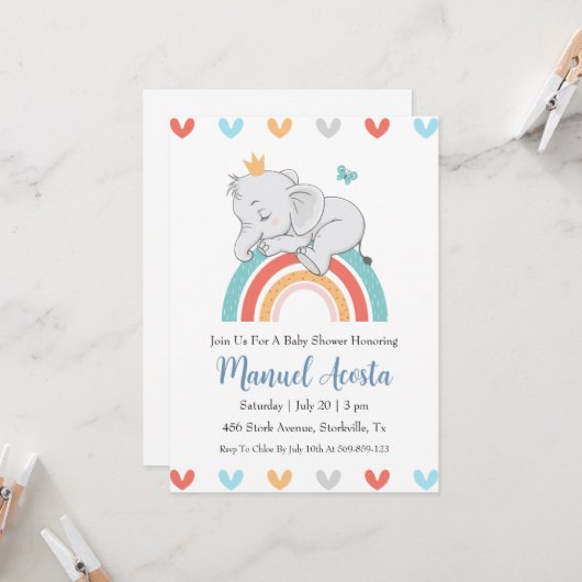 invitation à la douche bébé d'éléphant bleu modern (Devant/Arrière en situation)