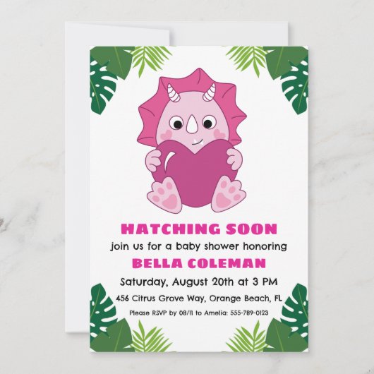 invitation à la douche bébé dinosaure rose (Devant)