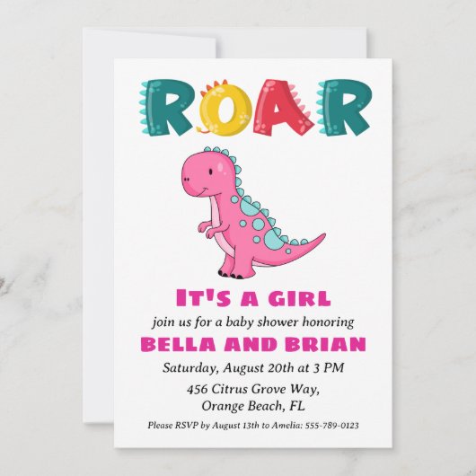 invitation à la douche bébé dinosaure rose (Devant)