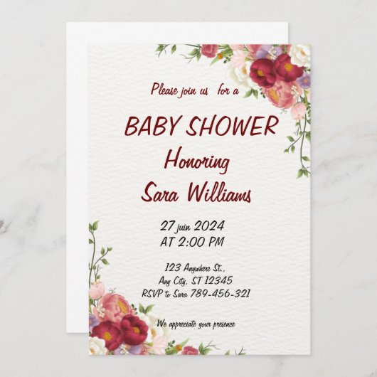 invitation à la douche bébé fille fleurie (Devant / Derrière)