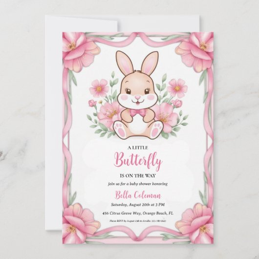 invitation à la douche bébé rose floral (Devant)