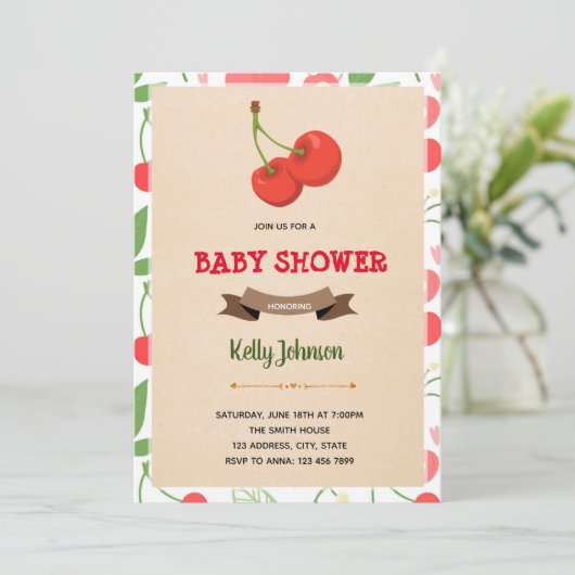 Invitation à la douche d'anniversaire cerise (Debout devant)
