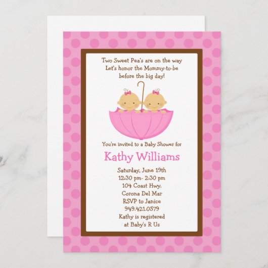 Invitation à la douche de bébé Twin Baby Girl (Devant / Derrière)