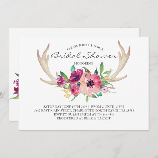 Invitation à la douche de boho de l'antler floral (Devant / Derrière)