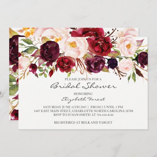 Invitation à la douche de la mariée aux fleurs de  (Devant / Derrière)