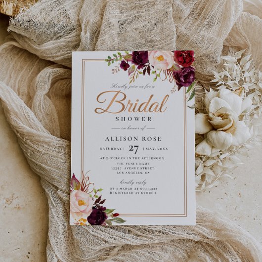 Invitation à la douche de la mariée rousse bordeau