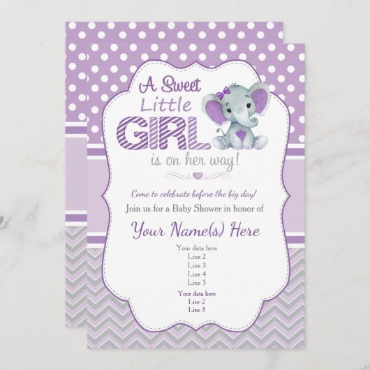 Invitation à la douche d'éléphant bébé en violet e (Devant / Derrière)