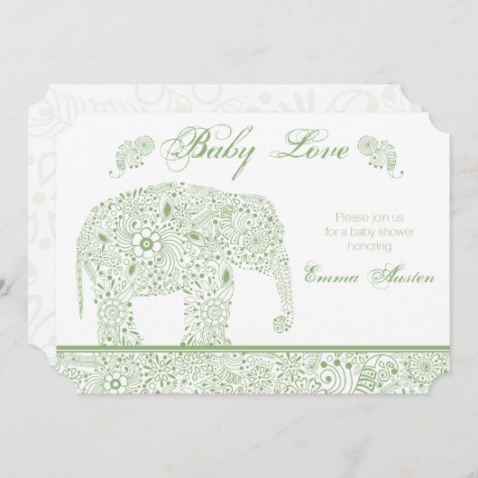 Invitation à la douche d'éléphant pour bébé vert (Devant / Derrière)