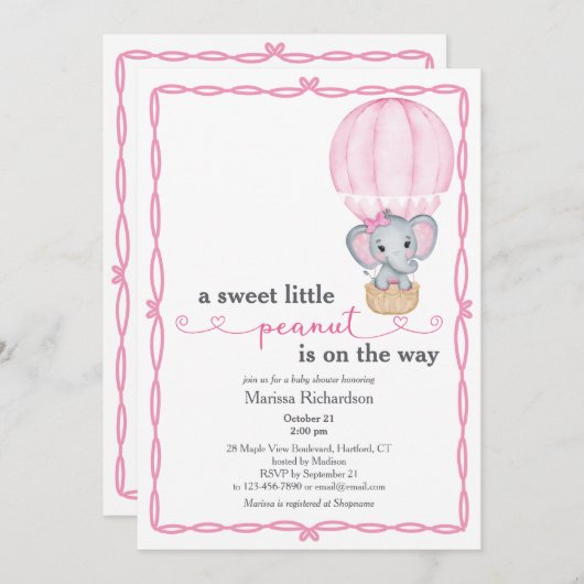 Invitation à la douche d'éléphant rose (Devant / Derrière)