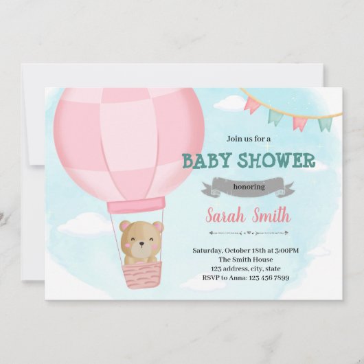 Invitation à la douche d'ours en montgolfière (Devant)