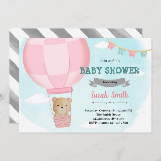 Invitation à la douche d'ours en montgolfière (Devant / Derrière)