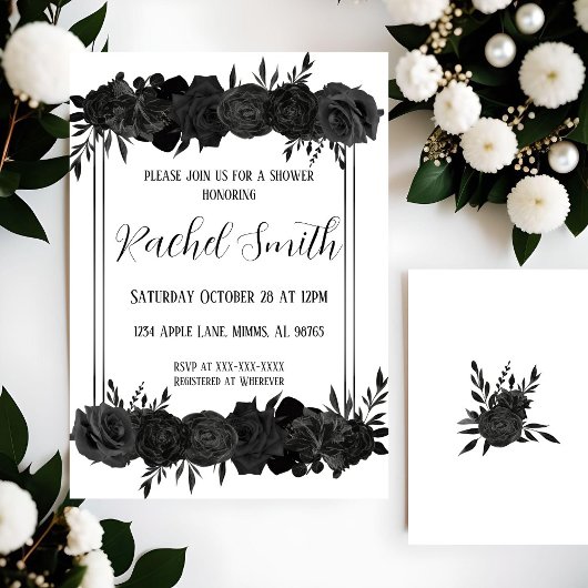Invitation à la douche florale noire et blanche