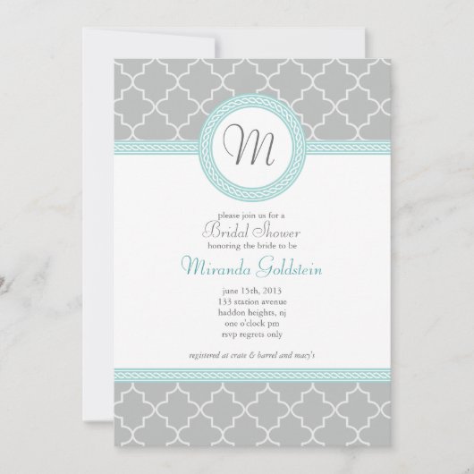 Invitation à la douche Monogramme bleu et gris (Devant)