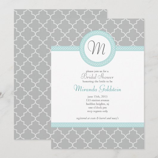 Invitation à la douche Monogramme bleu et gris (Devant / Derrière)