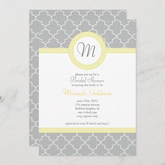 Invitation à la douche Monogramme jaune et gris (Devant / Derrière)
