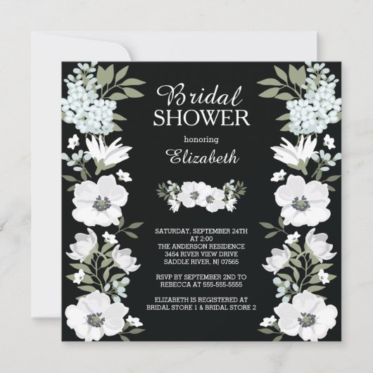 Invitation à la douche nuptiale à fleurs noires bl (Devant)