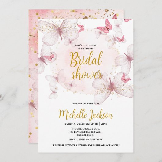 Invitation à la douche nuptiale à papillon rose (Devant / Derrière)