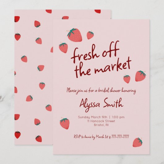 Invitation à la douche nuptiale à thème fraise (Devant / Derrière)