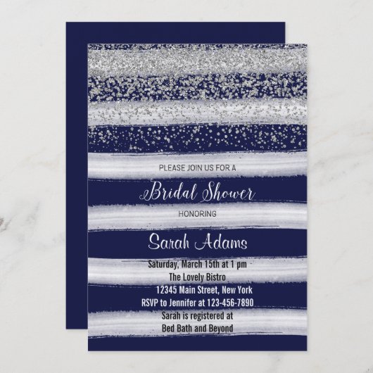 Invitation à la douche nuptiale Argent et Marine (Devant / Derrière)