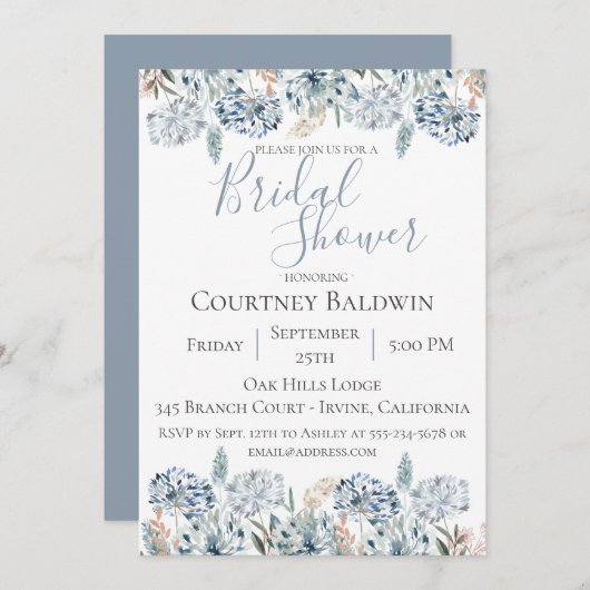 Invitation à la douche nuptiale bleu Dusty (Devant / Derrière)