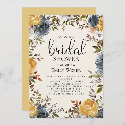 Invitation à la douche nuptiale bleu jaune Floral (Devant / Derrière)