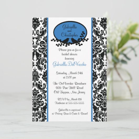 Invitation à la douche nuptiale Blue Damask (Debout devant)