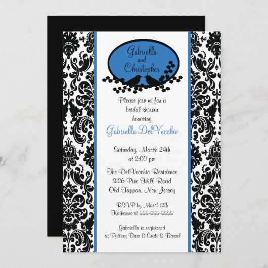 Invitation à la douche nuptiale Blue Damask (Devant / Derrière)