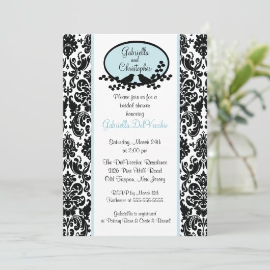 Invitation à la douche nuptiale Blue Damask (Debout devant)