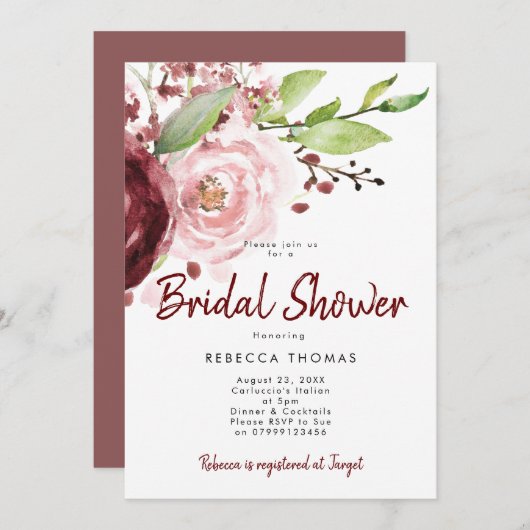 invitation à la douche nuptiale bordeaux rose (Devant / Derrière)