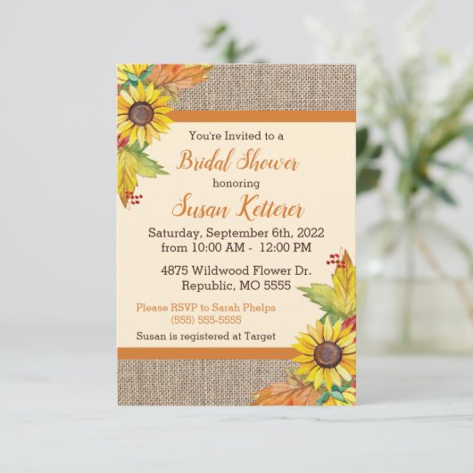 Invitation à la douche nuptiale Burlap et Sunflowe (Debout devant)