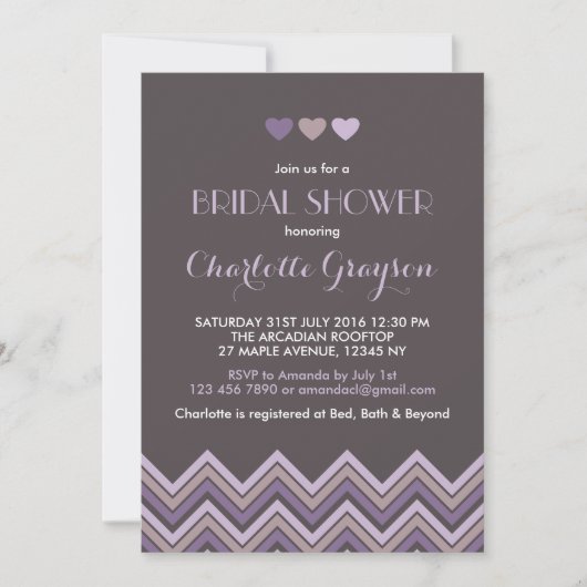 Invitation à la douche nuptiale Chevron gris et vi (Devant)