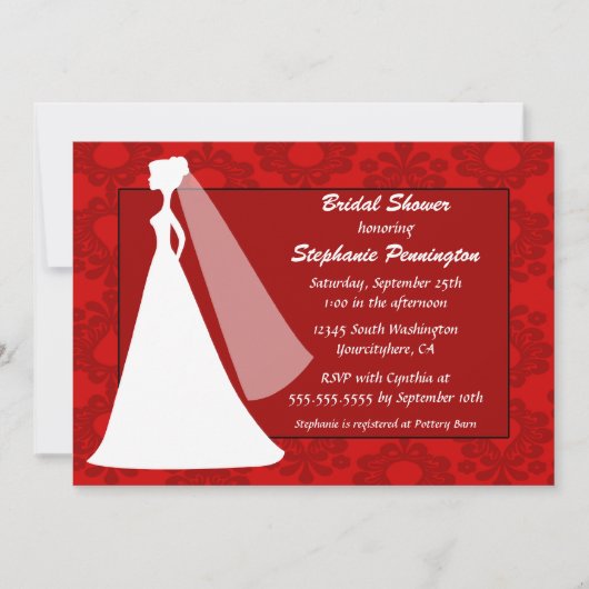 Invitation à la douche nuptiale chic rouge damassé (Devant)