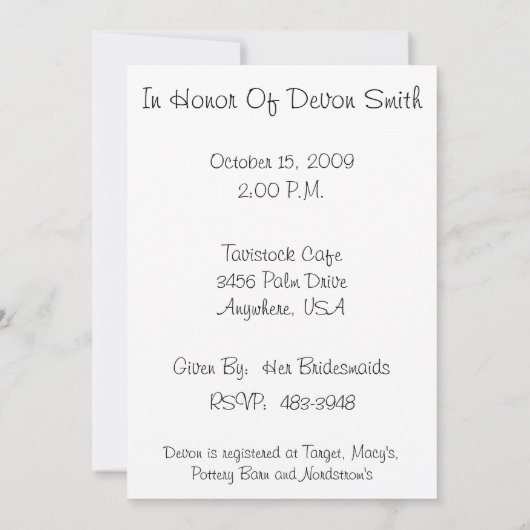 Invitation à la douche nuptiale Customisée (Dos)