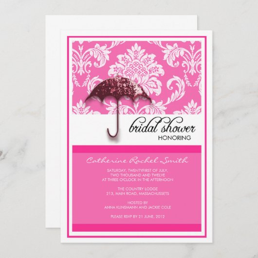 Invitation à la douche nuptiale Damask à Fuchsia (Devant / Derrière)