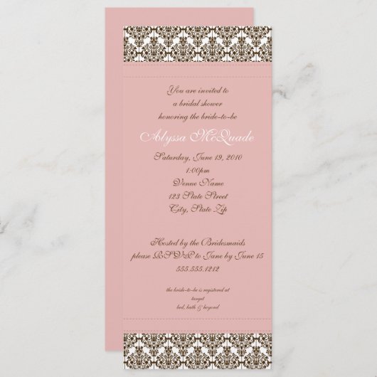 invitation à la douche nuptiale damassé rose (Devant / Derrière)