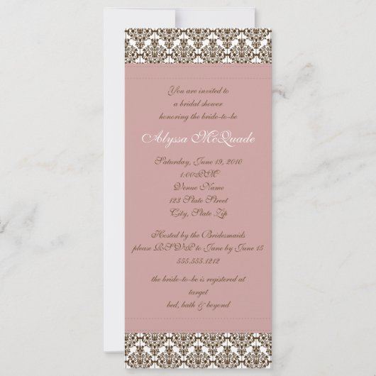 invitation à la douche nuptiale damassée rose (Devant)