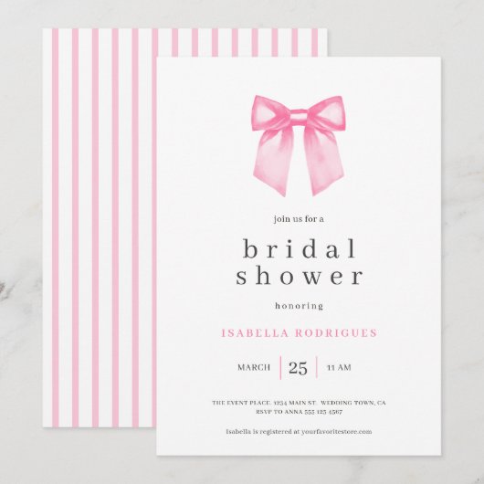 Invitation à la douche nuptiale de Bow rose modern (Devant / Derrière)