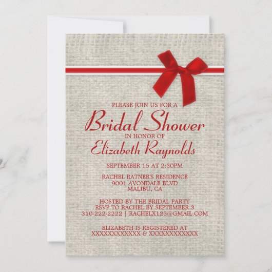 Invitation à la douche nuptiale de Burlap en rouge (Devant)
