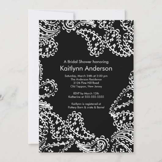 Invitation à la douche nuptiale de Paisley Blanc e (Devant)