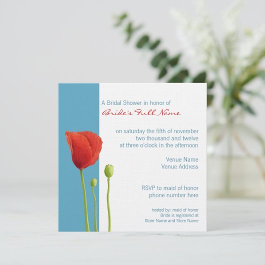 Invitation à la douche nuptiale de Red Poppy aqua (Debout devant)
