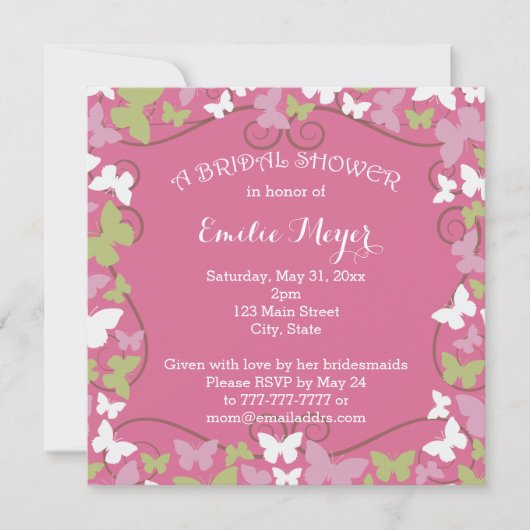 Invitation à la douche nuptiale des papillons vert (Devant)