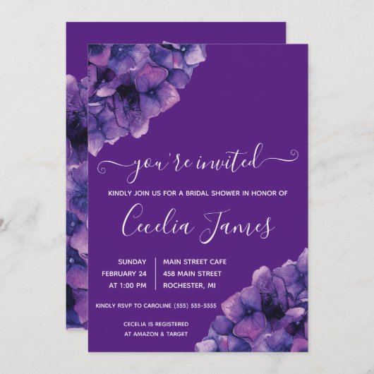 Invitation à la douche nuptiale d'Hydrangea violet (Devant / Derrière)