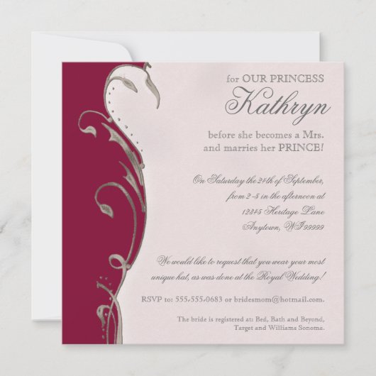 Invitation à la douche nuptiale du Mariage royal Q (Devant)