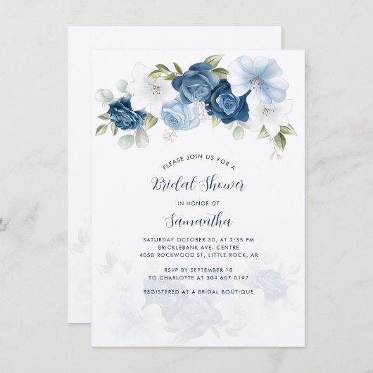 Invitation à la douche nuptiale Dusty Blue Floral (Devant / Derrière)