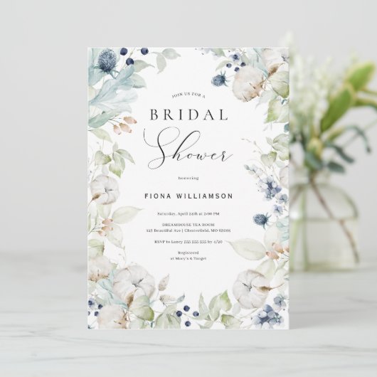Invitation à la douche nuptiale Dusty Blue Floral (Debout devant)