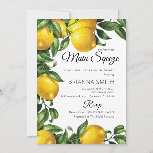 Invitation à la douche nuptiale élégante Lemon Squ (Devant)