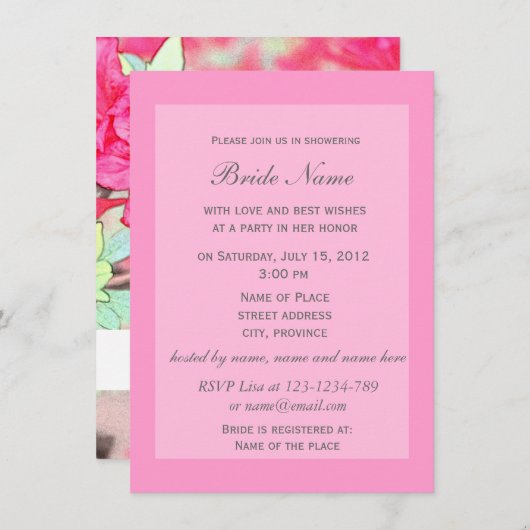 Invitation à la douche nuptiale en azalée rose. (Devant / Derrière)