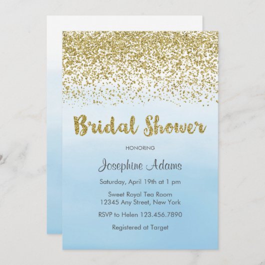 Invitation à la douche nuptiale en bleu doux et or (Devant / Derrière)
