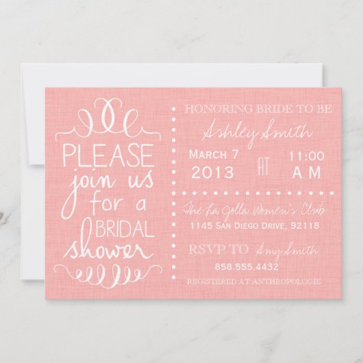 Invitation à la douche nuptiale en lin rose (Devant)